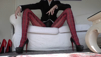 184460 - Red tartan tights and extreme heels legs show