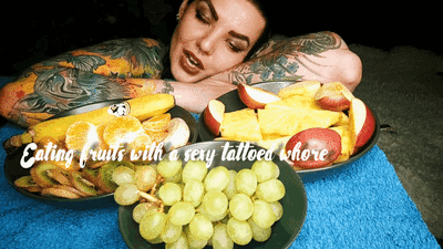 161641 - Hot horny tattooed bitch sexy eating fruit and pouring sweet yogurt on her boobs