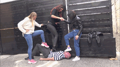 201526 - GABRIELLA, CLEO & SCARLET - 'One day at 'Le Prisonnier club' - OUTDOOR brutal trampling, sneaker and boot worship